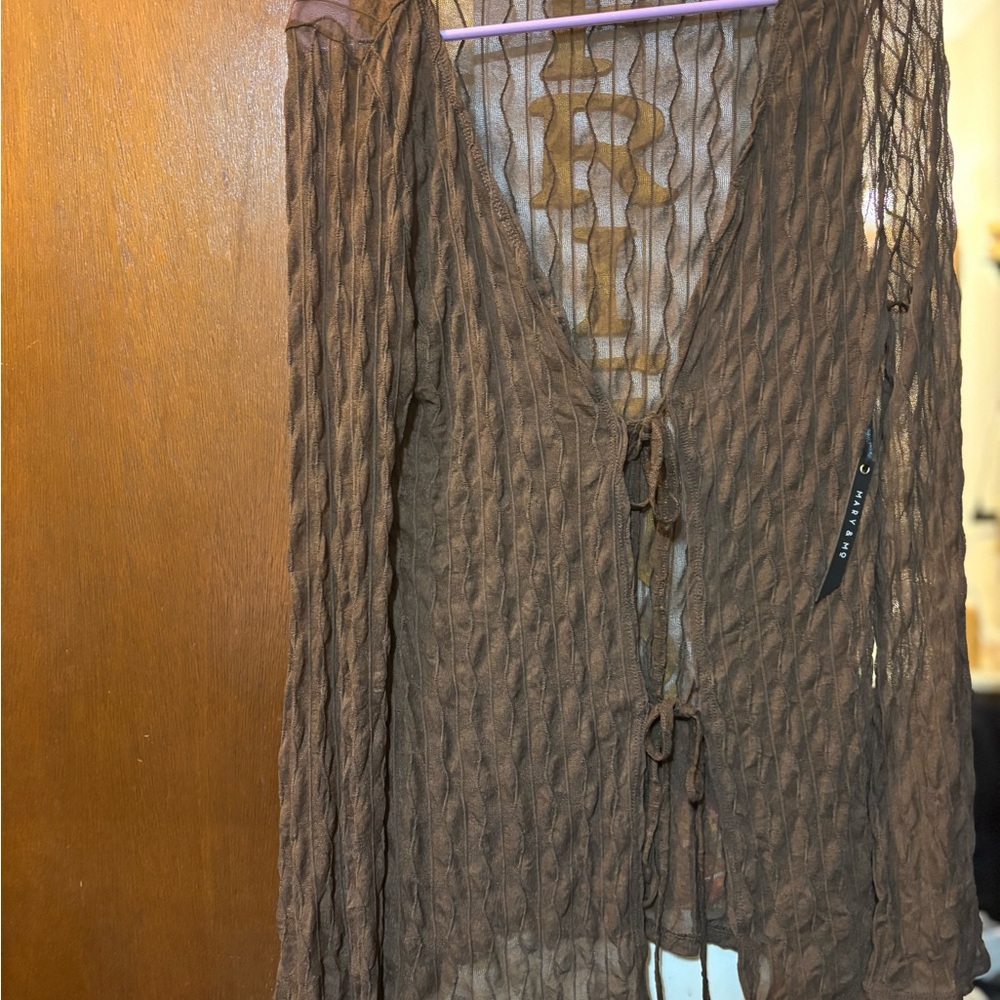 Brown Sheer Tie-Front Cardigan